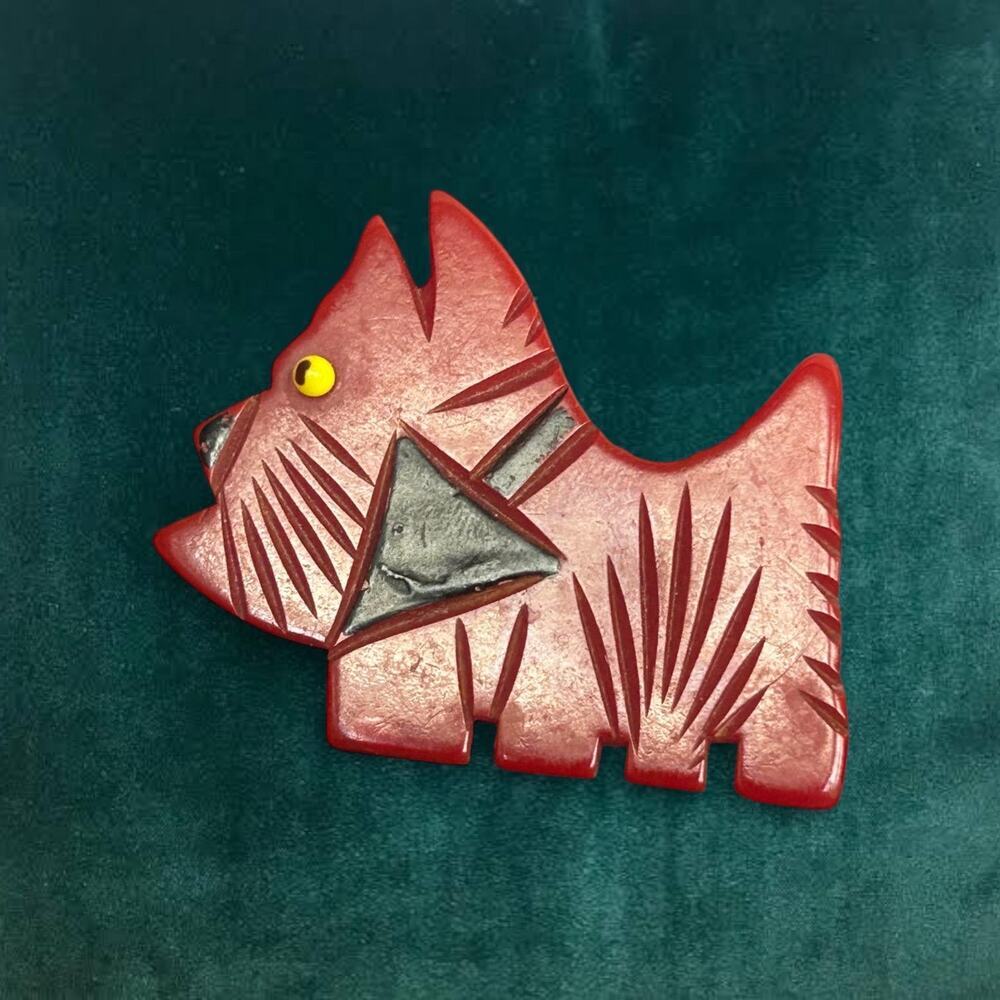 Carved Red Bakelite Scottie Dog Brooch